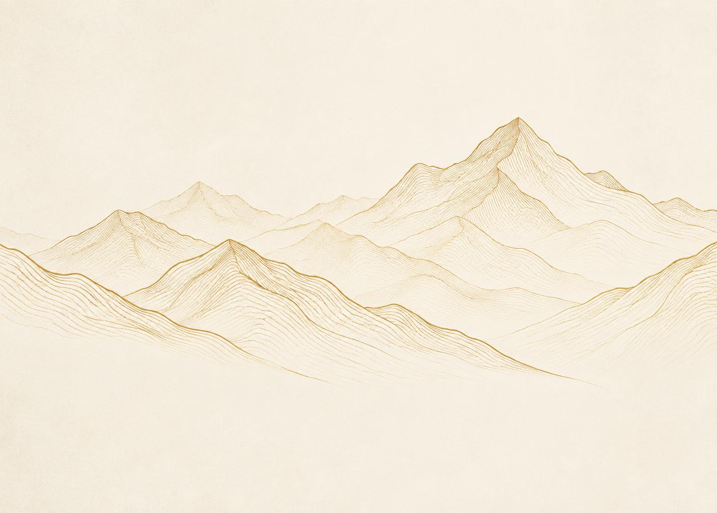 Minimal gold contour-line mountain illustration on ivory