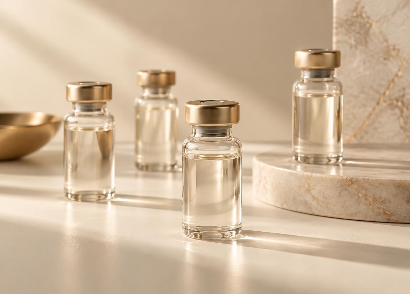 Clear glass research vials with gold caps on an ivory surface